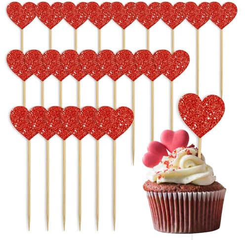 Topper para Cupcakes 24 piezas Amor Corazón Cupcake Toppers Decoración para Cupcakes de Corazón,Adornos para Cupcakes de Corazón Topper de decoración de pasteles para San Valentín (Rojo)