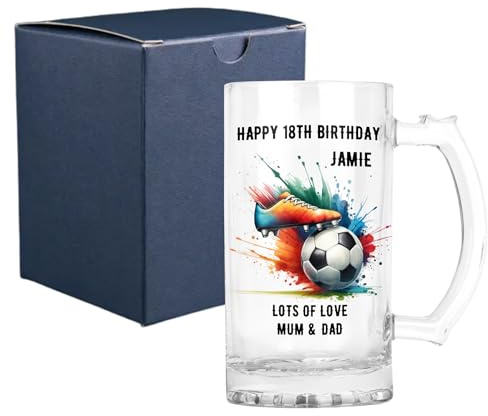 Personalised Clear Glass Beer Tankard Mug 0.8 Pint with Football Boot Design for Boys Best Coach 18th 21st 30th 40th 50th 60th 70th Birthday (Print with Handle on Right, Cardboard Gift Box)