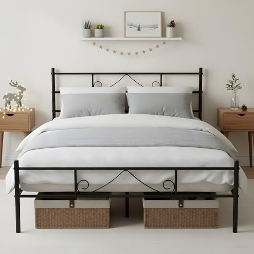ZECIIYE Lit Métal 140x190 avec Sommier - Cadre de Lit 2 Places, Double 140x190, 2 Personnes, pour Chambre, Appartement, Grenier, Salon et Bureau, Assemblage Rapide, Noir