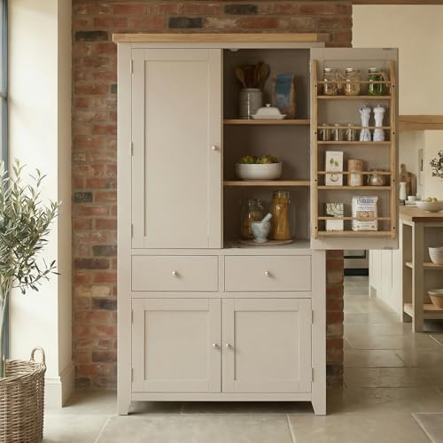 Cheshire Dove Grey Double Larder Cupboard | Painted Wooden Kitchen Pantry Cabinet | Large Freestanding Storage Unit with Shelves Drawers & Door Racks | Shaker Style Furniture