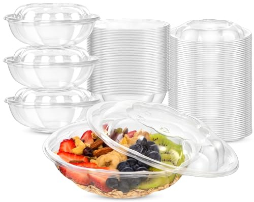 Fit Meal Prep 50 Pack 24 oz Disposable Plastic Clear Salad Bowls with Airtight Lids - To Go for Lunch, Takeout, Party, Catering, Picnic