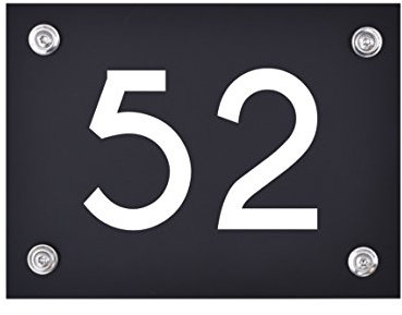 Hausnummer Schild 52 aus Acryl, Hausnummernschild in schwarz, mit weißer Schrift inkl. Zubehör