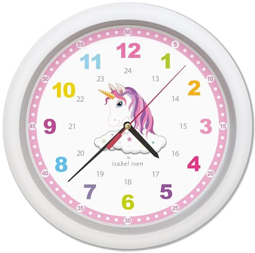 Isabel Iven Reloj de pared infantil con unicornio, reloj para niños con movimiento silencioso, enseña a los niños a leer un reloj, 30 cm de diámetro