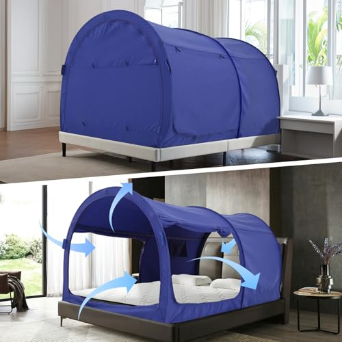 Alvantor Tenda a baldacchino per letto singolo, tenda per dormire, per interni, pop-up, portatile, traspirante, blu navy, cottage (materasso non incluso) riduce la luce