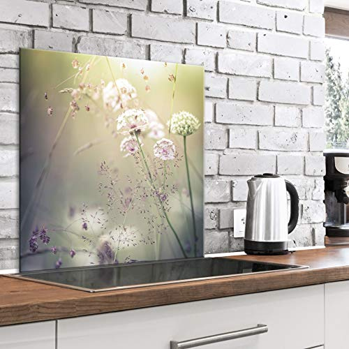 murando Glass Splashback for Kitchen Backsplash Cooker Protector | Tempered Glass Decorative Wall Art Panel Heat Resistant Graphic 60x60 cm / 24x24 Dandelion Nature Meadow Grass