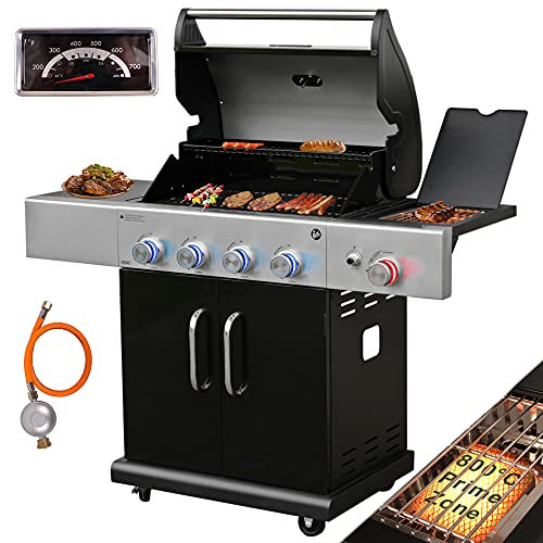 Vaiko Gasgrill Madison mit 800°C Infrarot & Grill-Thermometer, LED-Beleuchtung, Keramik 4+1 Brenner aus Edelstahl XXL Grillwagen Grill, Seitenkocher, 5-11 KG Gasflasche Piezozündung