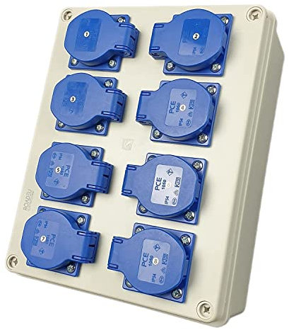 RoadEu Coffret de distribution mural 230V – 8x prises 16A avec terre – IP44 précâblé – Boîtier mural pour intérieur & extérieur – Tableau de chantier robuste pour atelier, garage, bricolage