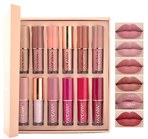 12 couleurs Mat rouge à lèvres Liquides Régler, Pigments Intenses, Mat Nude Étanche Longue durée Antiadhésif La tasse ne se décolore pas Brillant à lèvres Rouge - Cadeaux pour les femmes