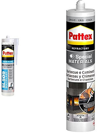 Pattex 1533675 Sl 509 Alta Temperatura Sellador De Silicona Acética, 1 X 300 Ml+ Silicona Barbacoas Y Chimeneas, Gris, Resiste Al Fuego, 500Gr