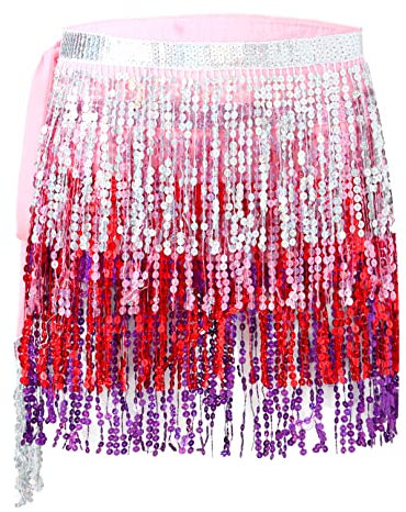 ranrann Bauchtanz Hüfttuch Damen Bauchtanz Kostüm Gürtel Tücher Minirock Wickelrock mit Quasten Indische Kleidung Frauen Tanz Kostüm Rosa&Rot One Size