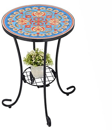 Table d'appoint d'extérieur en mosaïque pour patio, table d'appoint en mosaïque avec cadre en métal, petite table d'appoint pour porche, plage, terrasse, jardin, balcon, bleu, 35,6 cm