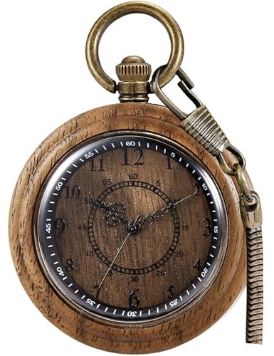 Tiong Montre de poche vintage pour homme – Montre de poche à quartz rétro en bois de bambou faite à la main avec chaîne, pendentif en bois, cadeau pour papa, mari, petit ami pour anniversaire