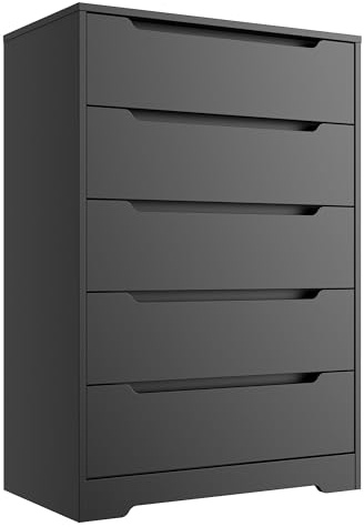 Cozy Castle 5 Drawer Dressers, Modern Chest of Drawers Large Organizer, Wood Accent Storage Cabinet for Living Room, Home Office, Entryway, Black