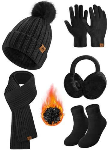 HEEKPEK Winter Beanie Hats Scarf Gloves Ear Muffs Fuzzy Socks 5pcs Set for Women Cold Weather Beanies Touch Screen Gloves (Black)