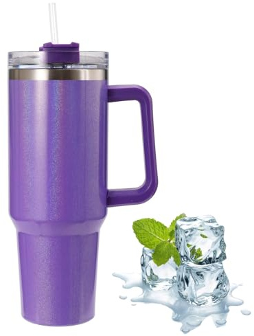 Joulli Travel Tumbler with Straw Lid and Handle,Travel Mug 40oz/30oz Stainless Steel Coffee Travel Insulated Cup Mug Leak Proof Vacuum Insulated Water Bottle for Cold & Hot Drinks (Glitter Purple)