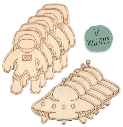 10 Holzmotive zum Anmalen Motiv Weltall, je 5 mal Astronaut & Ufo, Mitgebsel Kindergeburtstag, Holz Bastelset Kinder, Weltraum-Motive zum Anmalen, Basteln für Kinder