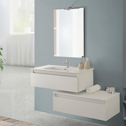 Inbagno Mobile Bagno Sospeso 90 cm Rovere Bianco– Composizione Modulare Con Lavabo In Ceramica E 2 Ampi Cassettoni Soft-Close – Linea Nadia