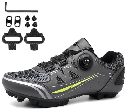 NGARY MTB Schuhe Herren Damen Fahrradschuhe Mountainbike Schuhe kompatibel mit SPD 2 Schrauben mit Cleats, Entsperren Schuhe Draussen,Grau,48 EU