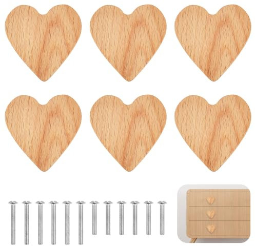 VCRANONR 6 Stück Möbelgriffe, Herzförmig Holzgriffe für Schränke, Schubladengriffe, Möbelgriff aus Holz, Schubladenknöpfe, Schrankknöpfe, Holzknäufe, Schrankknauf, Möbelknöpfe für Schubladen Möbel
