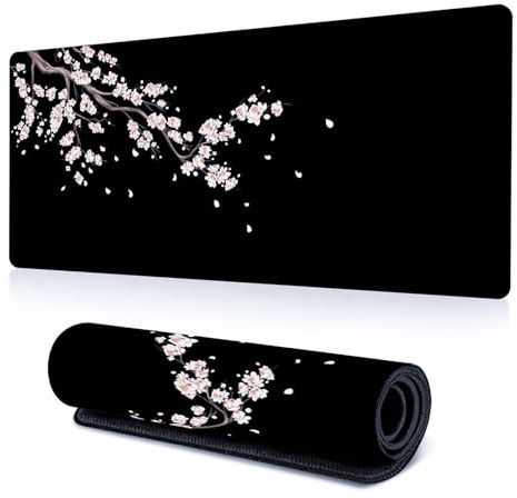 Homirty Gaming Mouse Mat Cherry Blossom 800 × 300 × 2 mm Black Pink Cherry Blossoms Large Non-Slip Mouse Pad for Gaming Office