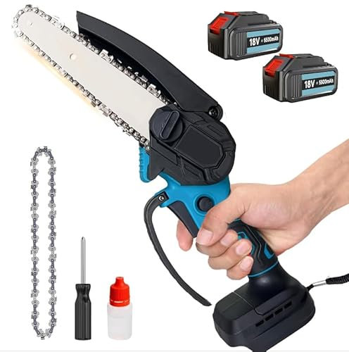 6 Inches Cordless Mini Chainsaw Compatible with Makita Battery 18V, 450W Handheld Chainsaw Crodless inc Chain, Oil Bottle, Screwdriver for Tree/Branch Cutting(with 2pcs 18V 5.5Ah Batteries&Charger)
