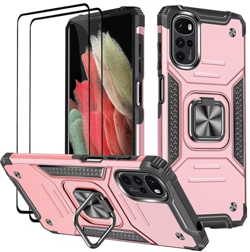 KANSi Funda para Motorola Moto G22 / E32 / E32S, Cristal Vidrio Templado [2 Piezas] Capa Anillo iman Soporte Hard PC y Silicona TPU Antigolpes Armor Carcasa - Oro Rosa