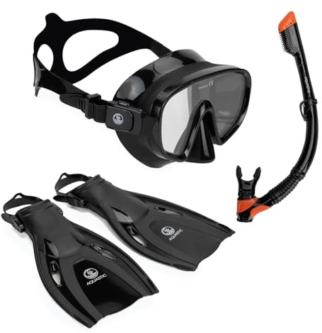 AQUASTIC Cove 3 en 1 Juego de Gafas de Buceo para Adultos, Tubo de Snorkel y Aletas de Buceo, Color Negro, Talla 43/46, máscara de Snorkel con Cristal Templado, Silicona, máscara hipoalergénica