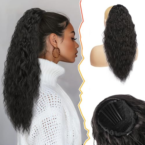 BARSDAR Drawstring Ponytail Extension, 22 Inch Curly Wavy Black Brown Ponytail Hair Extensions for Women Synthetic Comb Clip in Ponytail Hairpieces - Black Brown