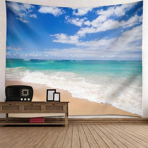 Mesnt Wandteppich Strand XXL 240x220, 240x220cm Natürliche Meeresstrandlandschaft Groß Wanddeko für Schlafzimmer Wohnzimmer Wohnheim | Blau Weiß Braun