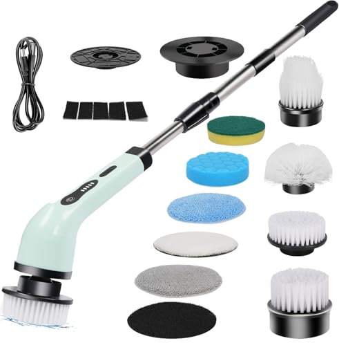 MEKOTRIN Fregadora Giratoria Eléctrica de 2 Velocidades IPX7, Cepillo Eléctrico Resistente Al Agua, Fregadora Eléctrica Inalámbrica con 9 Cabezales de Cepillo para Baño y Cocina (GREEN)
