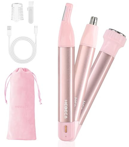 Hebeca Recortador de vello de nariz para mujer, removedor de vello facial 3 en 1, recortador de cejas para mujer, recargable, impermeable, portátil, afeitadora facial con bolsa de viaje
