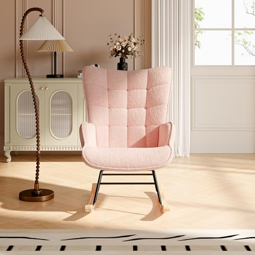 DAHUEN - Silla mecedora para adulto, Rocking Chair, sillón de lactancia de peluche Teddy, silla mecedora, sillón salón con reposabrazos, para dormitorio, sala de estar, rosa (rosa)