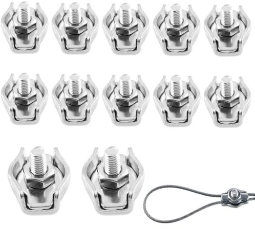 OHREN Morsetto per funi metalliche 3mm in acciaio inossidabile 304, set da 12 pezzi, morsetti per cavi in acciaio, stendibiancheria, tende parasole, morsetti per cavi, antiruggine e durevoli