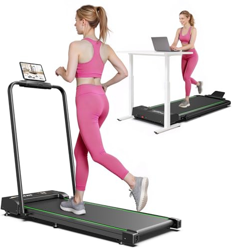 Laufband für Zuhause Klappbar, 2,5 PS Laufband Schreibtisch mit Armlehnen, 1-10km/h Walking Pad Klappbar mit LED-Anzeige und Fernbedienung, 120KG, Geräuscharme für Zuhause