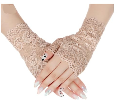 VFIDPSU Kurzer Spitzenhandschuh 2 Paar Frauen Frühling Und Sommer Dance Spitze Handschuhe Sonnencreme Kurze Handschuhe Fingerlose Fahren Handschuhe Halbe Finger Fäustlinge(Beige)