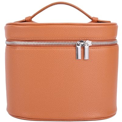 Kosmetiktasche, Make-up-Organizer aus Leder mit Fächern und Griffen Tragbarer Kosmetikkoffer Reise Kulturtasche für Damen (Braun)