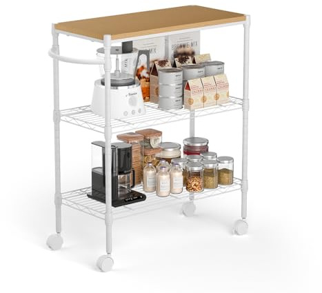 Whitmor 3 Tier Rolling Kitchen Cart,27.6x10x21.7”Heavy Duty Metal Storage Cart with Wheels, Adjustable Shelves, Lockable Utility Cart with Wood Top & Portable Handle for Indoor & Outdoor Use, White