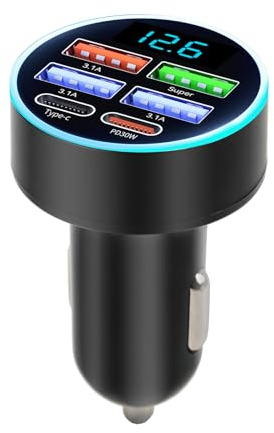 USB C Car Charger Adapter, USB 6in1 66W 6 Port Metal [PD30+Super+3.1A*3]Car Adapter Multi PD/QC Fast Charging Cigarette with Voltmeter USB C Car Phone Charger for Phone 16/15/14/13/12, Galaxy, Pad