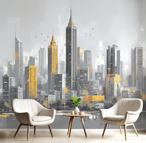 Fotomurales Pared Amarillo Grisáceo Rascacielos Papel Pintado Seda Coración Murales Diseno Fotográfico Ciudad Moderna Sala Tv Sofá Arte Abstracto Pintura Papel 3D,350X260Cm