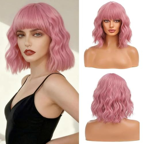 ZXTGBQ våg rosa bob peruk för kvinnor kort vågig peruk naturlig lockig peruk med lugg syntetisk cosplay för peruker axel längd lockig för daglig fest cosplay bära halloween