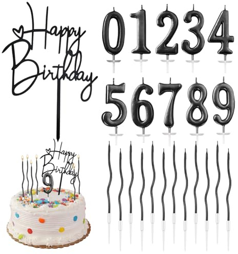 23 Stück Schwarz Happy Birthday Tortendeko mit Geburtstagskerzen Zahlen 0-9 | Schwarz Spiral Geburtstagskerze, Acryl Kuchendeko für Geburtstag Hochzeit Party Kuchen Dekorationen