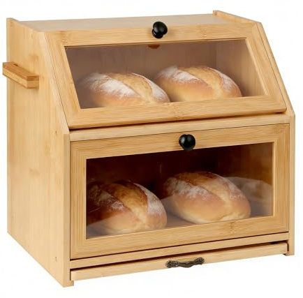 Supfine Boîte à Pain en Bambou, Huche à Pain 2 Étages avec Planche à Découper, Fenêtre Transparente, Fermeture Magnétique (Naturel, 26 * 39 * 33 cm)