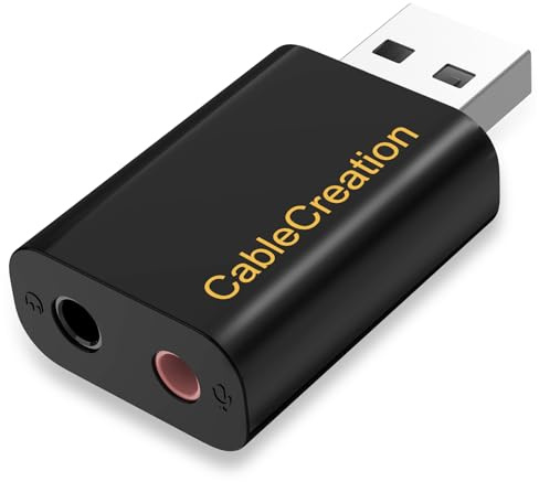USB Audio Adapter with 3.5mm Jack, CableCreation USB External Stereo Sound Card with 3.5mm Earphone and Microphone for PS4, PS5, Windows, Mac, Linux, Plug and Play, Black