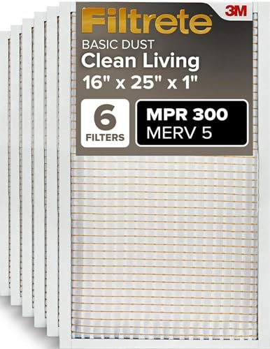 Filtrete 16x25x1, AC Furnace Air Filter, MPR 300, Clean Living Basic Dust, 6-Pack (Exact Dimensions 15.69 x 24.69 x 0.81)