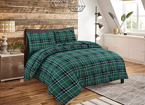 De Lavish Flannelette Duvet Cover Set Check Printed Quilt Super King Size Reversible Bedding With Pillowcases 100% Brushed Cotton, Tartan Green
