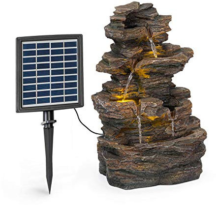 blumfeldt Messina - Fontaine de Jardin d'eau Solaire, 2,8 W, 200 l/h, 4 Cascades, Extérieur-Intérieur, Eclairage LED, Autonomie 5h, Zen, Aspect Pierre