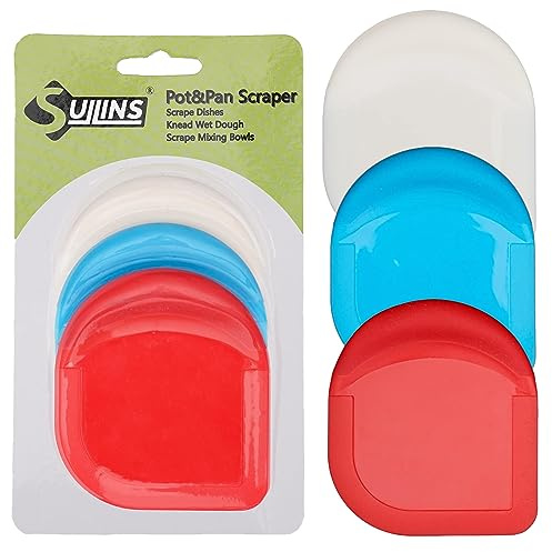 SULLINS Rascador de sartenes, paquete de 3, herramienta raspadora de sartenes, rascador de ollas, rascador de platos, herramienta raspadora de platos, diseño único de agarre de silicona, no se desliza