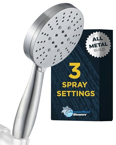 HammerHead Showers® Solid Metal 3-Spray Hand Held Shower Head, Brushed Nickel | Select from Wide, Massage, and Mist Sprays | 2.5 GPM High Flow Handheld Showerhead | Made from 304 Stainless Steel