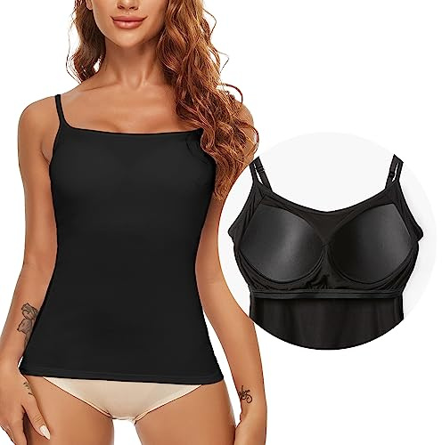 SLIMBELLE Soutien-gorge pour femme, chemise de corps à bretelles spaghetti, débardeur sans armature, basique, sans couture, réglable, avec bonnets intégrés, bustier, camisole. Noir, M