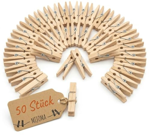MIJOMA Miniklammern Mini-Wäscheklammern in legno – Mollette decorative per il fai da te, per foto, progetti DIY, confezione regalo e decorazione creativa da tavolo (50 mm - 50 pezzi color legno)
